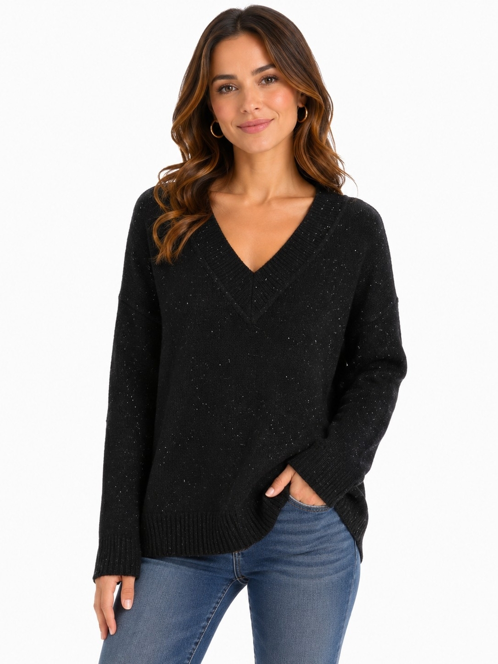 Evereve Black V-Neck Speckled Knit Sweater